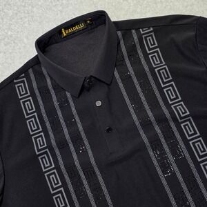 Baldelli Men's Size Medium Black Greek Key Rhinestone Polo Shirt Short Sleeve